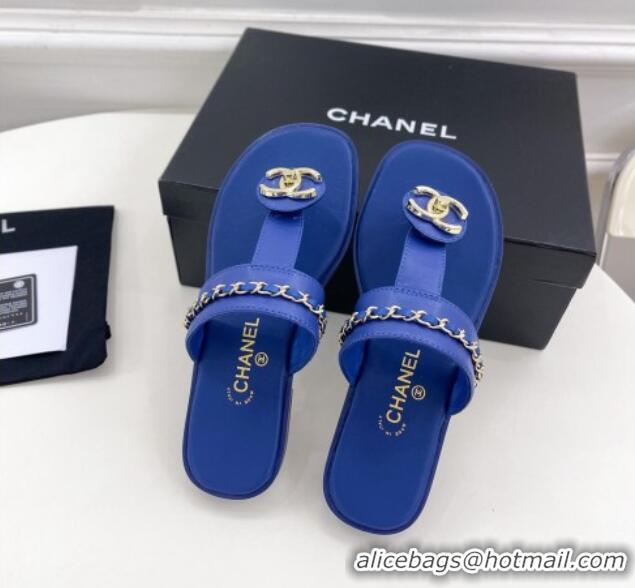 Pretty Style Chanel Lambskin CC Stud and Chain Flat Slide Sandals Royal Blue 070149