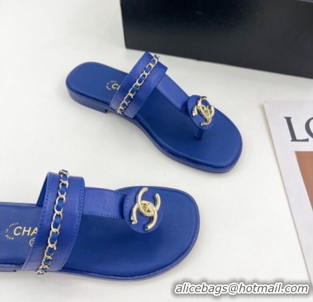 Pretty Style Chanel Lambskin CC Stud and Chain Flat Slide Sandals Royal Blue 070149