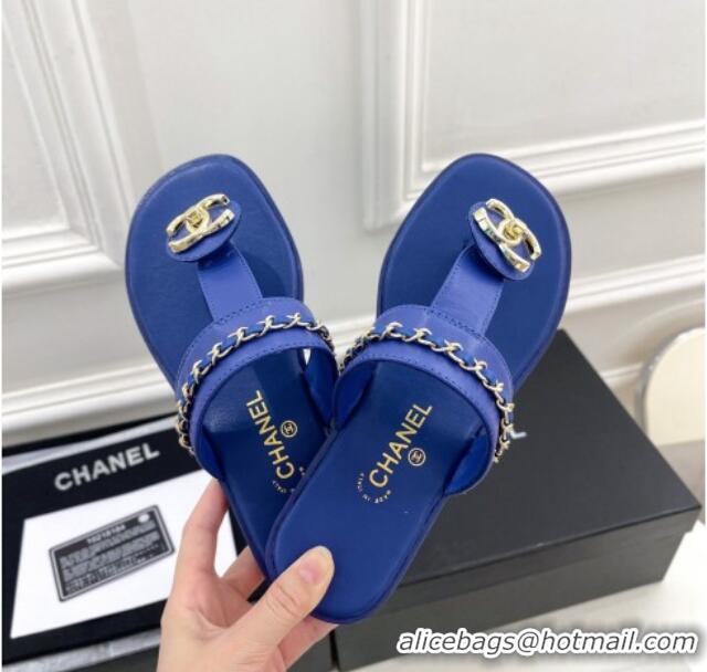 Pretty Style Chanel Lambskin CC Stud and Chain Flat Slide Sandals Royal Blue 070149