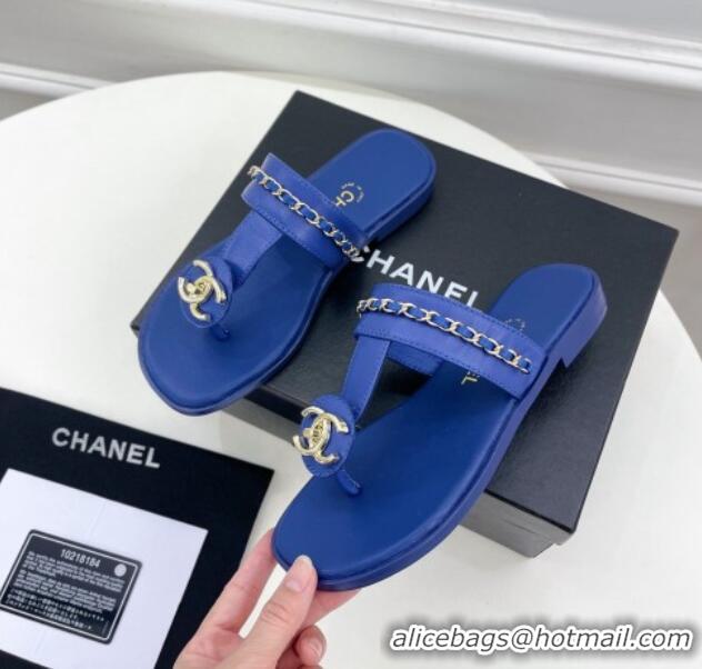 Pretty Style Chanel Lambskin CC Stud and Chain Flat Slide Sandals Royal Blue 070149