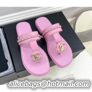 Sumptuous Chanel Lambskin CC Stud and Chain Flat Slide Sandals Light Pink 070150