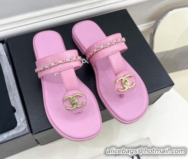 Sumptuous Chanel Lambskin CC Stud and Chain Flat Slide Sandals Light Pink 070150