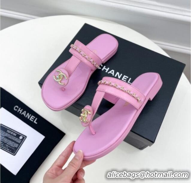 Sumptuous Chanel Lambskin CC Stud and Chain Flat Slide Sandals Light Pink 070150