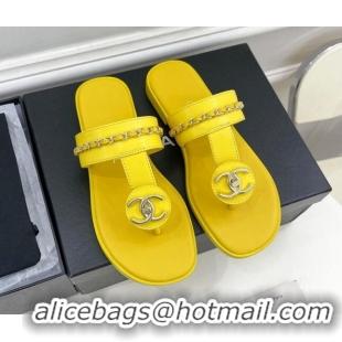 Hot Style Chanel Lambskin CC Stud and Chain Flat Slide Sandals Yellow 070151