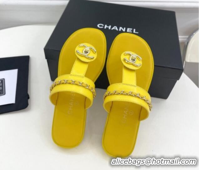 Hot Style Chanel Lambskin CC Stud and Chain Flat Slide Sandals Yellow 070151