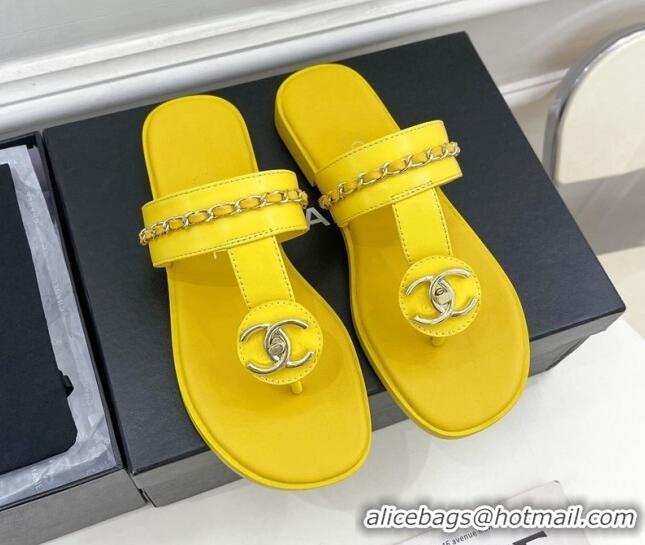 Hot Style Chanel Lambskin CC Stud and Chain Flat Slide Sandals Yellow 070151