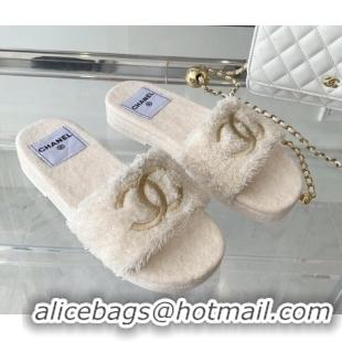 Stylish Chanel Shearling Flat Slide Sandals White 070152