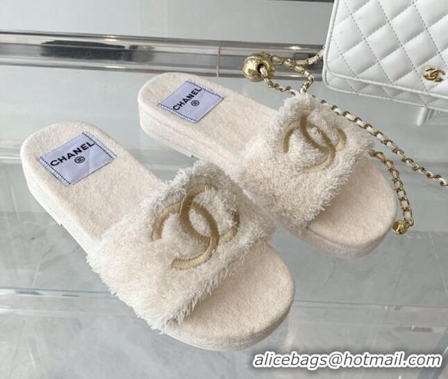 Stylish Chanel Shearling Flat Slide Sandals White 070152