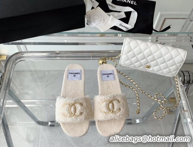 Stylish Chanel Shearling Flat Slide Sandals White 070152