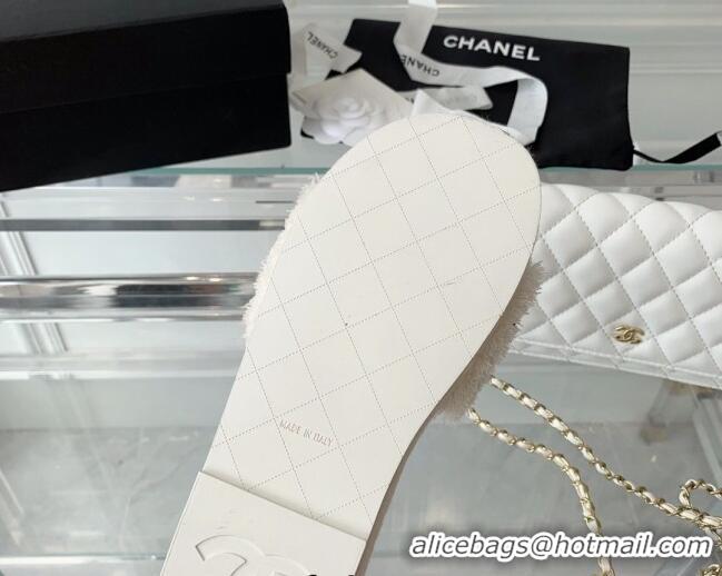 Stylish Chanel Shearling Flat Slide Sandals White 070152