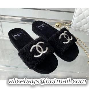 Luxury Chanel Shearling Flat Slide Sandals Black 070153