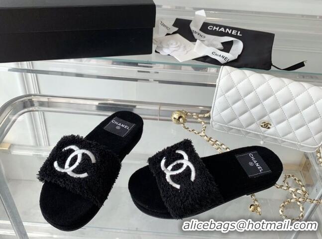 Luxury Chanel Shearling Flat Slide Sandals Black 070153