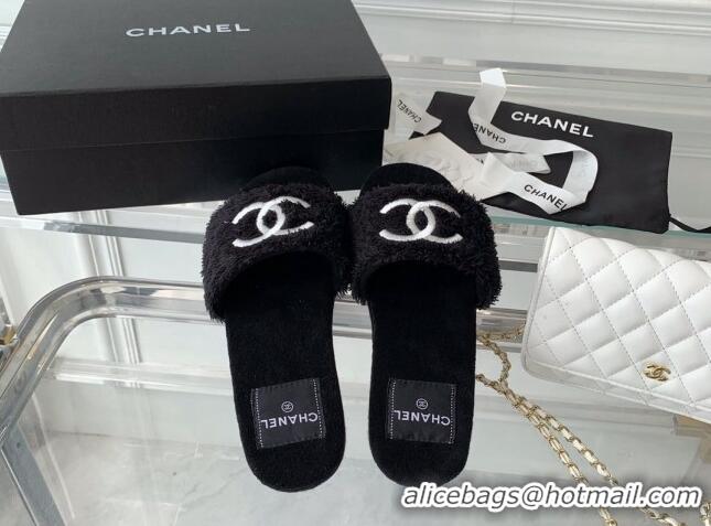 Luxury Chanel Shearling Flat Slide Sandals Black 070153