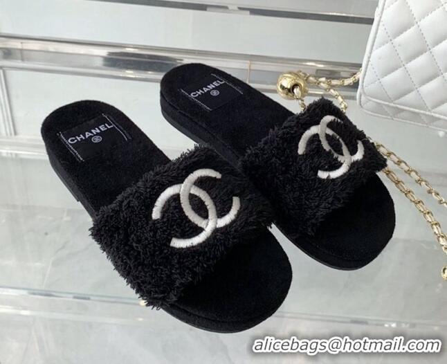 Luxury Chanel Shearling Flat Slide Sandals Black 070153