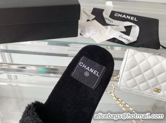 Luxury Chanel Shearling Flat Slide Sandals Black 070153