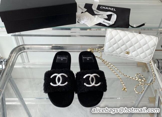 Luxury Chanel Shearling Flat Slide Sandals Black 070153