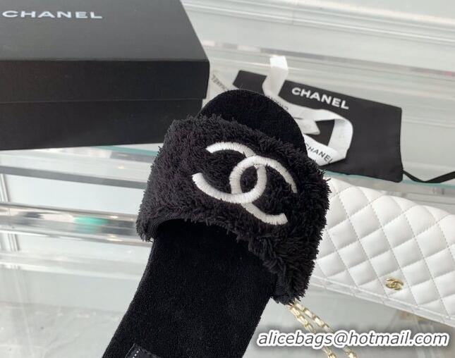 Luxury Chanel Shearling Flat Slide Sandals Black 070153