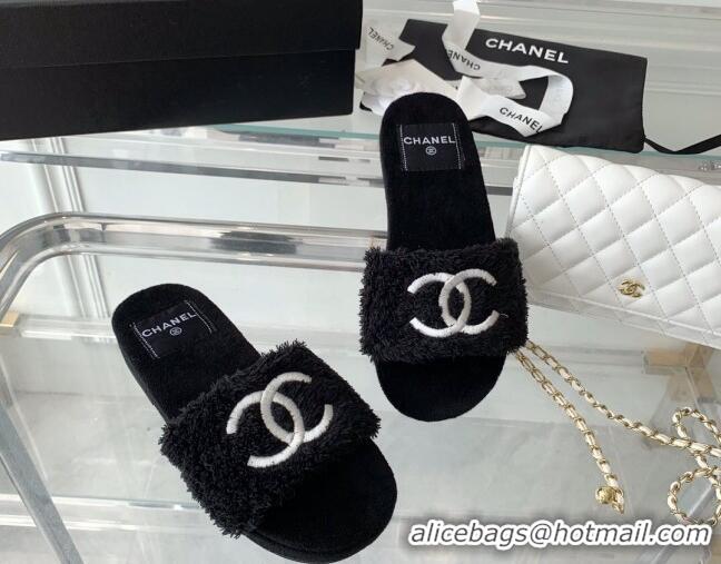 Luxury Chanel Shearling Flat Slide Sandals Black 070153