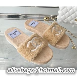 Luxurious Chanel Shearling Flat Slide Sandals Camel Brown 070154