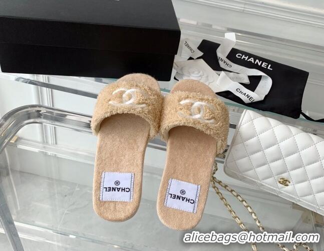 Luxurious Chanel Shearling Flat Slide Sandals Camel Brown 070154