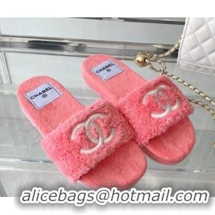 Good Looking Chanel Shearling Flat Slide Sandals Pink 070155