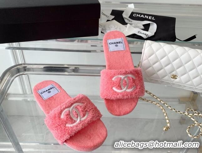 Good Looking Chanel Shearling Flat Slide Sandals Pink 070155