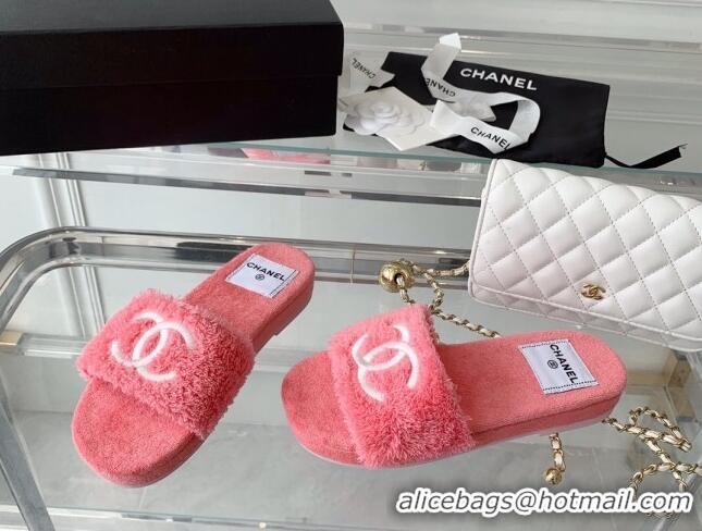 Good Looking Chanel Shearling Flat Slide Sandals Pink 070155