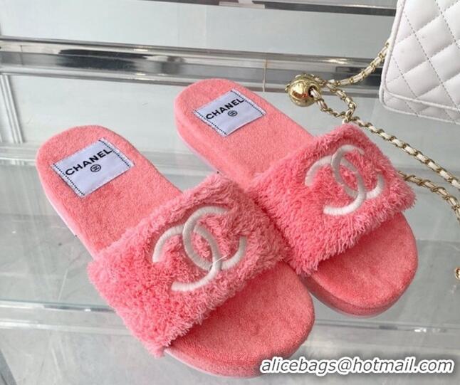 Good Looking Chanel Shearling Flat Slide Sandals Pink 070155