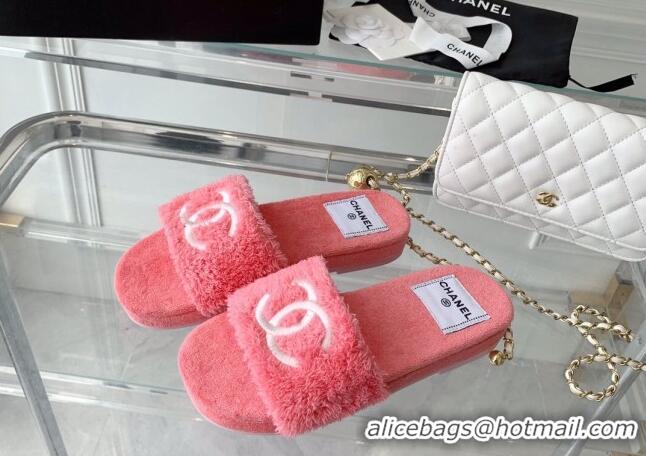 Good Looking Chanel Shearling Flat Slide Sandals Pink 070155