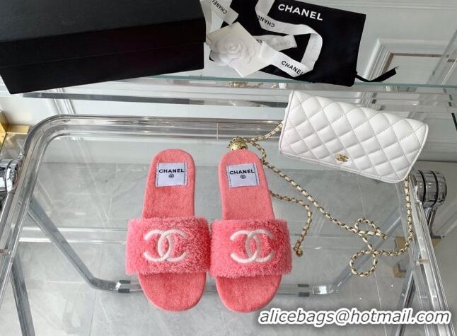 Good Looking Chanel Shearling Flat Slide Sandals Pink 070155