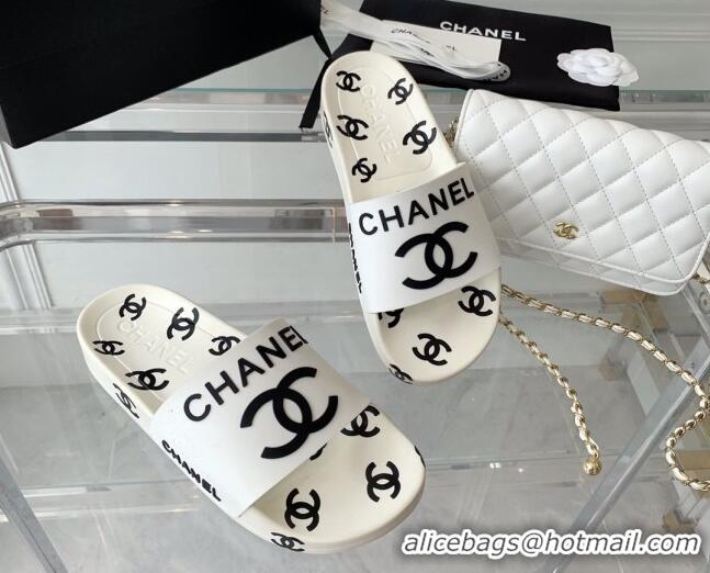 Discount Chanel CC Allover Printed Flat Slide Sandals White 070159