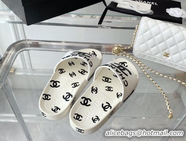 Discount Chanel CC Allover Printed Flat Slide Sandals White 070159