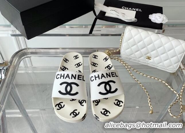 Discount Chanel CC Allover Printed Flat Slide Sandals White 070159