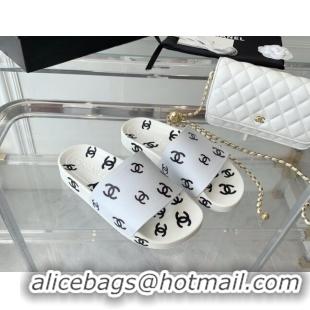 Cheap Price Chanel CC Allover Printed Flat Slide Sandals White 070160