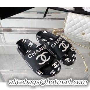 Low Price Chanel CC Allover Printed Flat Slide Sandals Black 070161