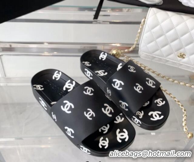 Fashion Chanel CC Allover Printed Flat Slide Sandals Black 070162