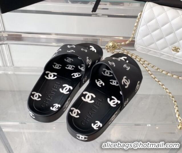 Fashion Chanel CC Allover Printed Flat Slide Sandals Black 070162