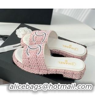 Luxury Chanel Embroidered CC Tweed Slide Sandals G34826 Light Pink