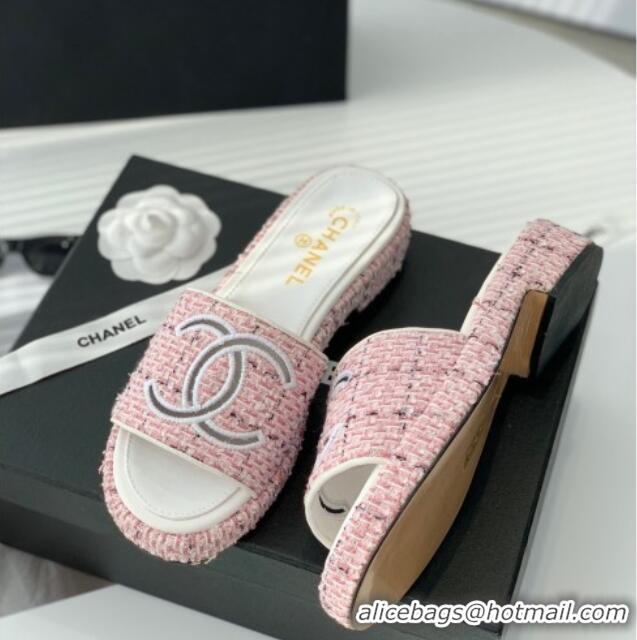 Luxury Chanel Embroidered CC Tweed Slide Sandals G34826 Light Pink