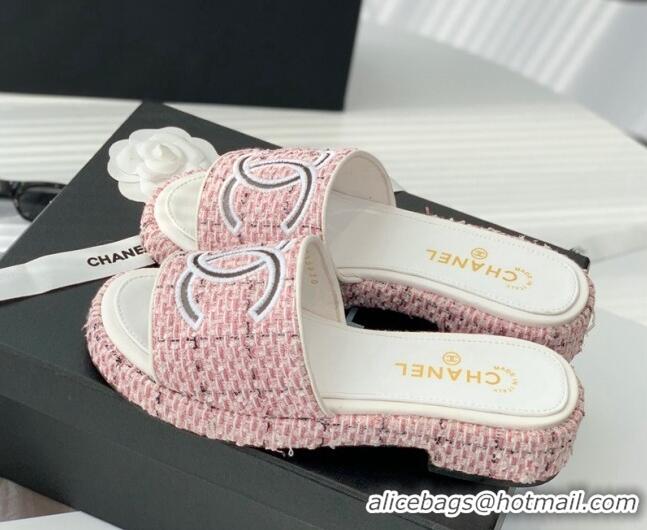 Luxury Chanel Embroidered CC Tweed Slide Sandals G34826 Light Pink