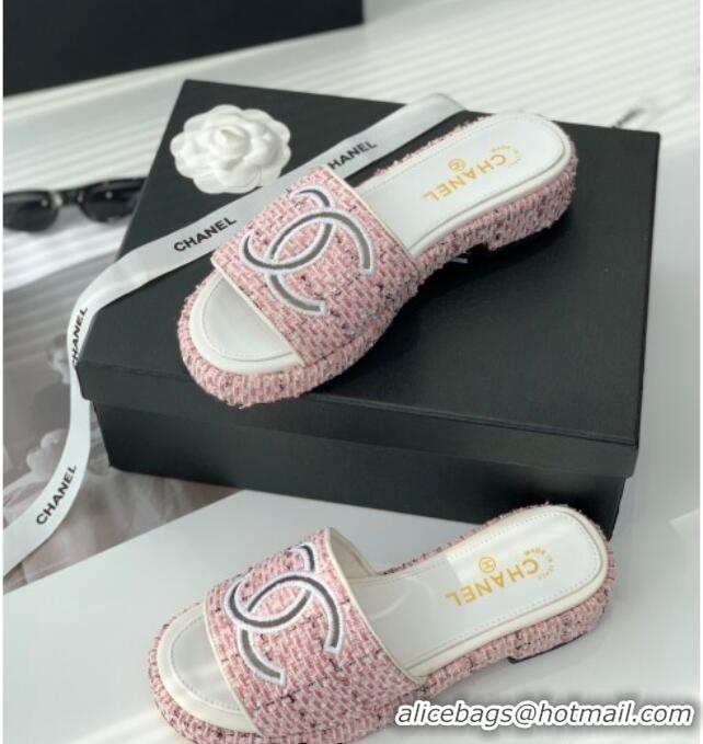 Luxury Chanel Embroidered CC Tweed Slide Sandals G34826 Light Pink