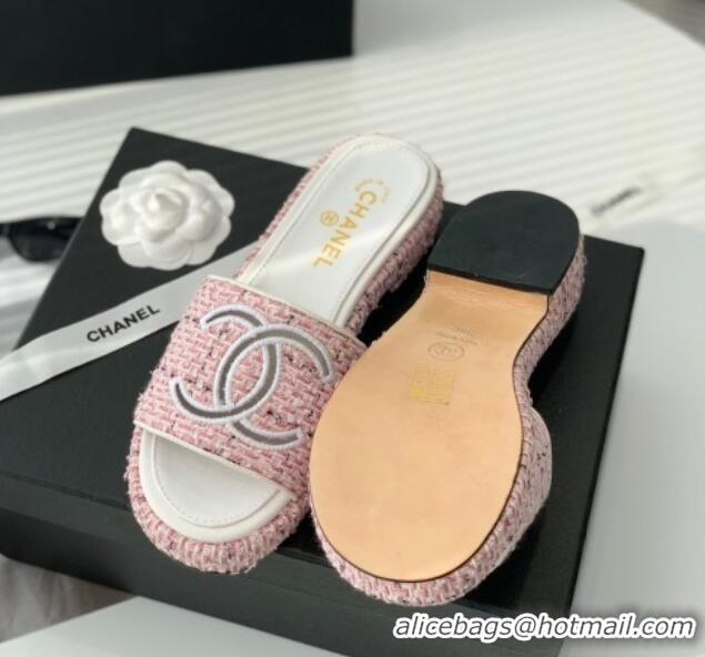 Luxury Chanel Embroidered CC Tweed Slide Sandals G34826 Light Pink