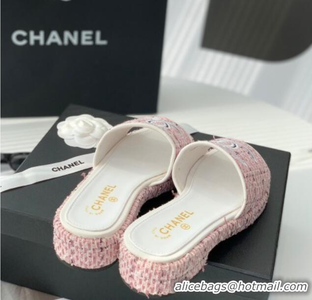 Luxury Chanel Embroidered CC Tweed Slide Sandals G34826 Light Pink