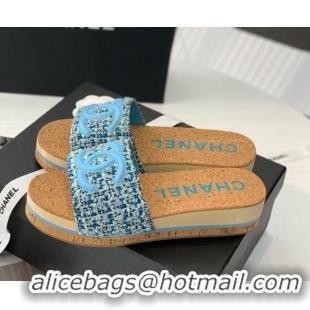 Grade Quality Chanel Tweed Wedge Slide Sandals Blue 070182