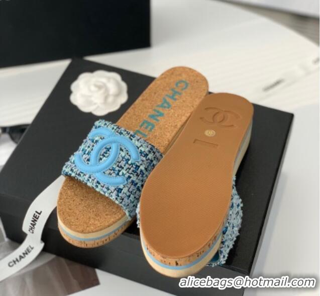 Grade Quality Chanel Tweed Wedge Slide Sandals Blue 070182