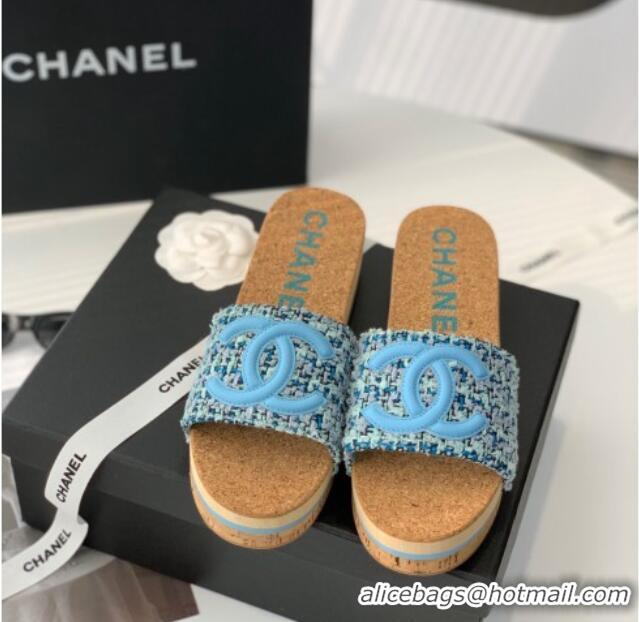 Grade Quality Chanel Tweed Wedge Slide Sandals Blue 070182