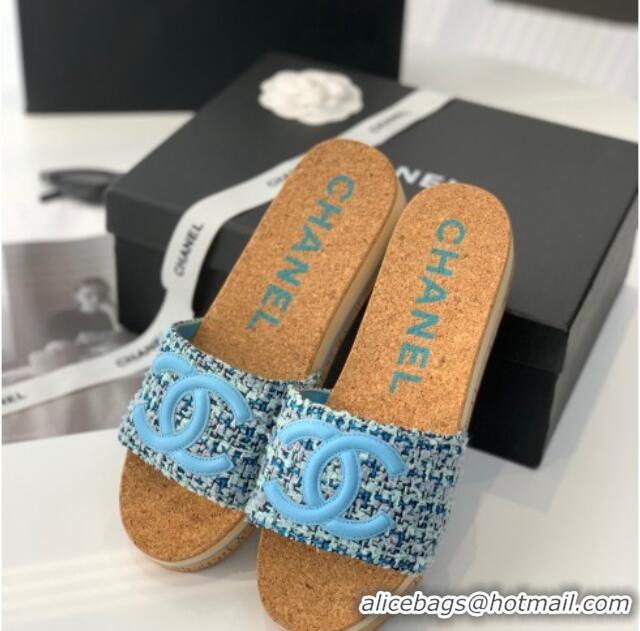 Grade Quality Chanel Tweed Wedge Slide Sandals Blue 070182