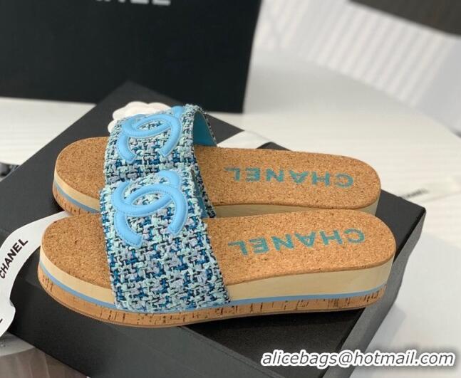 Grade Quality Chanel Tweed Wedge Slide Sandals Blue 070182