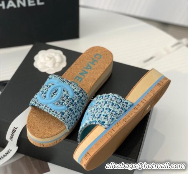 Grade Quality Chanel Tweed Wedge Slide Sandals Blue 070182