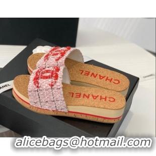 Trendy Design Grade Quality Chanel Tweed Wedge Slide Sandals Pink 070183